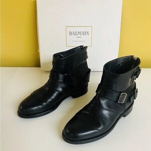 Balmain Black Leather Ankle Boots with Buckle Details